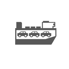 Icon of a cars ontop of a cargo ship in transit.